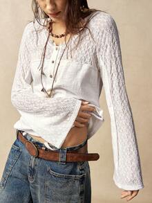 Bohemela Semi-Transparent Lace And Knitted Button V-Neck Flared Long-Sleeved Slightly Stretchy Women's Top - White - View 4