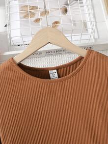 SHEIN Sukienka dla nastoletnich dziewcząt w stylu vintage, z dzianiny patchworkowej z kwiatowym wzorem i okrągłym dekoltem, z długim rękawem, odpowiednia na jesień i zimę - Morela - Zobacz 5