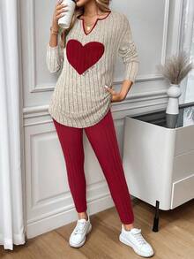 SHEIN LUNE Bộ đồ nữ 2 món gồm áo dài tay và quần thêu hình trái tim, thích hợp mặc mùa xuân, quà tặng ngày Valentine, bộ đồ màu đỏ, đồ mặc thường ngày cho nữ. - Đỏ - Xem 3