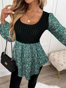 SHEIN LUNE 女士休闲罗纹拼接印花长袖上衣 - 綠色 - 查看 3