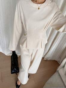 Siren Gaze Elegantes 2-teiliges Damen-Set aus apricotfarbenem Leinen, tailliertes Langarmhemd mit Rundhalsausschnitt & Hose mit geradem Bein, herbstlicher Casual-Anzug für Damen-Brunch - Aprikosenfarben - Übersicht 3