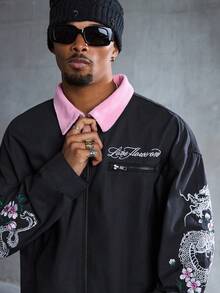 ROMWE MEN Street Life Men's Floral Embroidery Pattern Turndown Collar Zip Front Long Sleeve Denim Jacket - Black - View 4