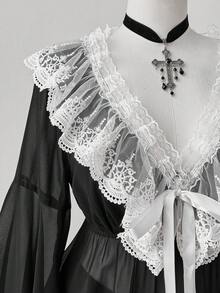 Sunspun 优雅性感浪漫薄纱蕾丝边V领喇叭袖连衣裙，A字裙摆设计，适合春、夏、秋季及约会场合。 - 黑色 - 查看 3