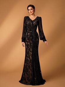 Serin Elegant Luxurious Embroidered Elastic Lace Puff Sleeve Ruched Fishtail Dress With Rhinestone Buttons, Suitable For Weddings, Parties, Vacations, Galas, Holidays, Bride, Mother Of The Bride Evening Gowns - Navy Blue - View 6