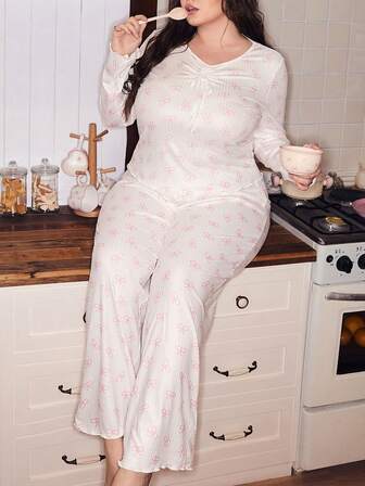 SweetSlumber 大码女士Y2K蝴蝶印花蝴蝶结系带睡衣套装，浪漫