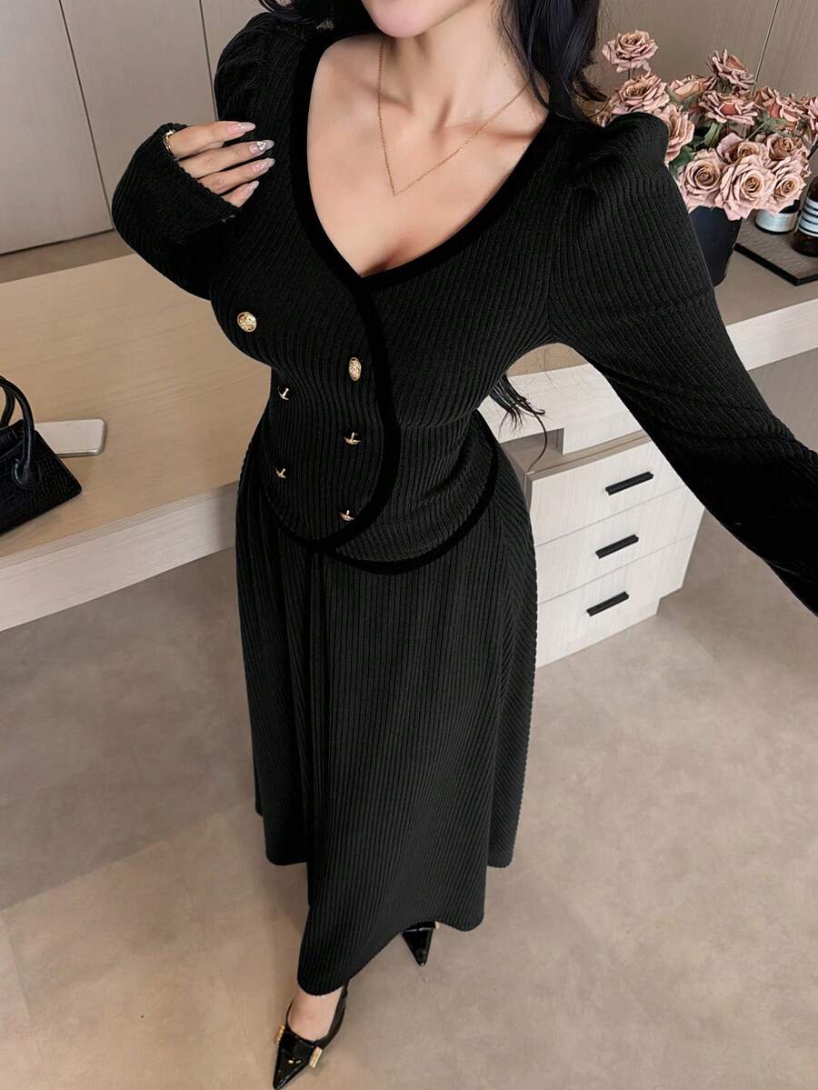 DAZY Women's Casual Contrast Color Patchwork V-Neck Top And A-Line Skirt 2 Piece Set, Autumn - Black - View 1