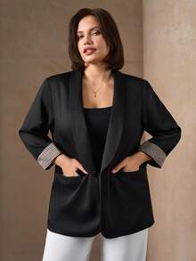 Chikora Áo khoác blazer nữ cỡ lớn kẻ caro phối nhiều màu sắc, kiểu dáng thường ngày, đa năng, thích hợp đi làm, trang phục công sở cho nữ, áo công sở cho nữ. - màu đen - Xem 3