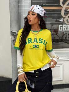 SHEIN EZwear 休闲简约英文图案圆领短袖宽松女士T恤，适合夏季