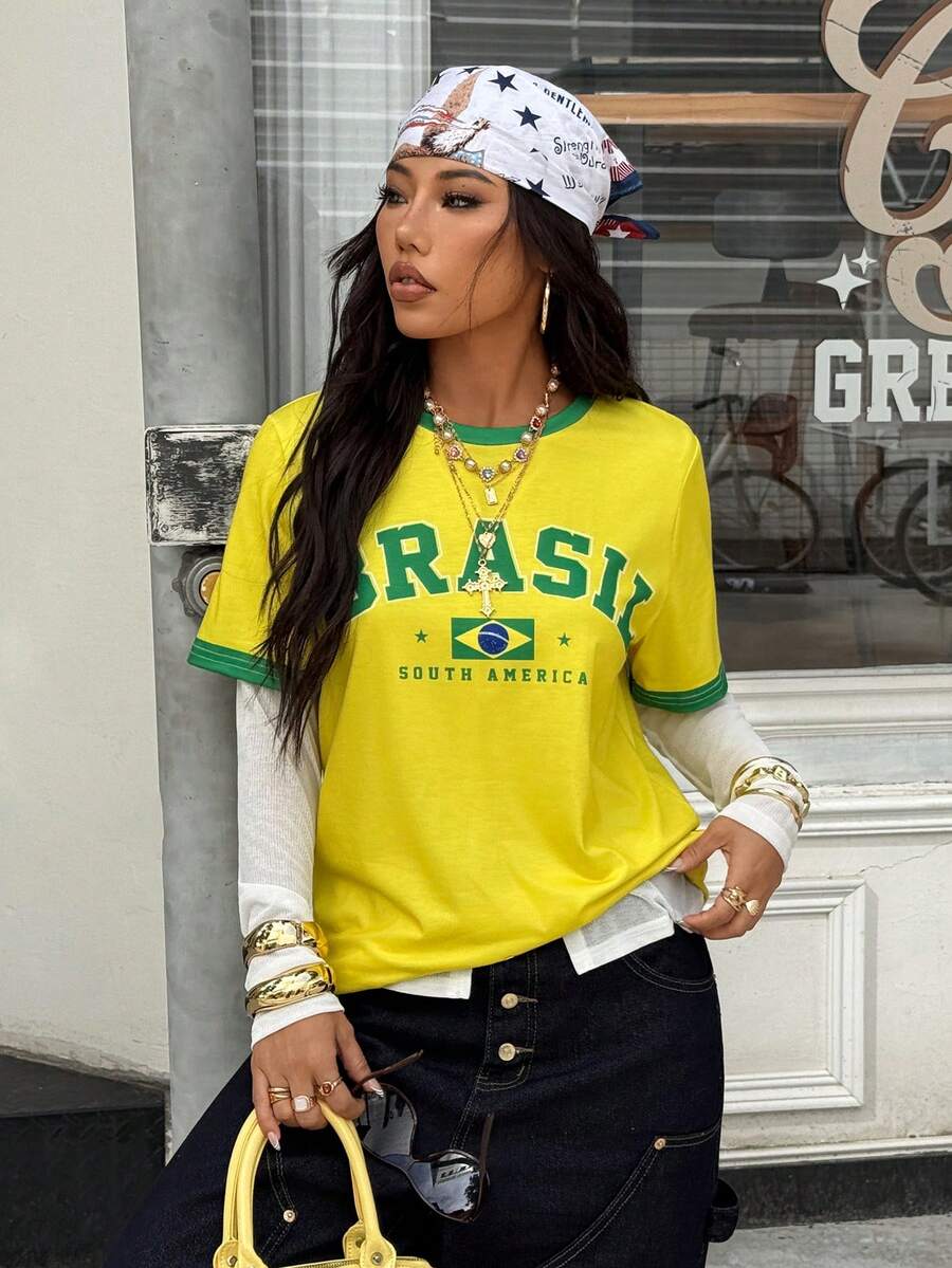 SHEIN EZwear 休闲简约英文图案圆领短袖宽松女士T恤，适合夏季