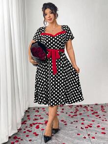 Elenzga Elegante vestido de mujer de talla grande con cintura ceñida y estampado de lunares vintage y elegante, adecuado para fiestas