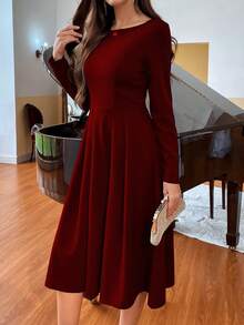 SHEIN PETITE Đầm Maxi xếp ly lưng cao, khóa kéo trơn, trang phục dành cho nữ - Màu Đỏ Sâu - Xem 4