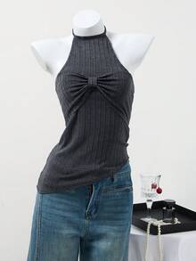 GlowEve Women's Gray Off Shoulder Fitted Halter Neck Top, With Ribbed Comfortable Fabric And Asymmetric Hem - Grey - View 1