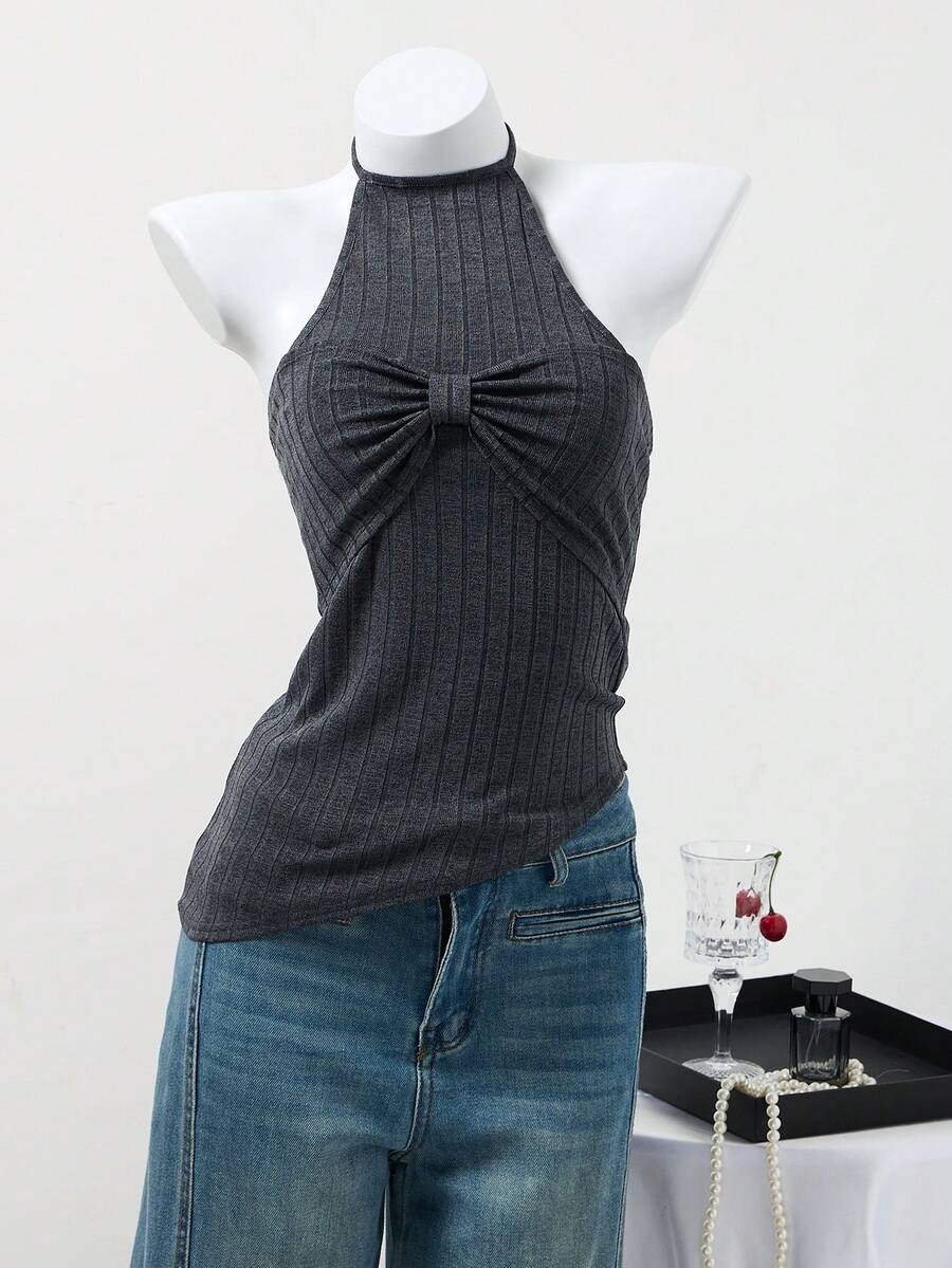 GlowEve Women's Gray Off Shoulder Fitted Halter Neck Top, With Ribbed Comfortable Fabric And Asymmetric Hem - Grey - View 1