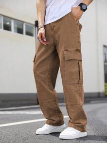 PAVTROS 宽松男士翻盖口袋侧边工装牛仔裤 - 咖啡棕 - 查看 4