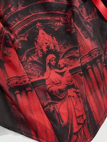 ROMWE Spring/Summer Luxury Black Graphic Gothic Medieval Palace Style Church & Castle Print Contrast Color Low Cut Fitted Lace-Up Puff Sleeve Blouse - Multicolor - View 4