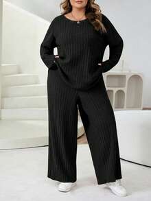 SHEIN CURVE+ Bộ đồ hai mảnh gồm áo phông và quần dài cỡ lớn dành cho nữ, Bộ đồ hai mảnh thường ngày/2026/Năm mới - màu đen - Xem 4