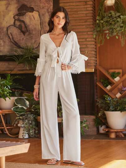 Lullawish Bohemian Flare Sleeve Woven Women's Jumpsuit Pajamas Jumpsuits For Woman Elegant Pajama Jumpsuit