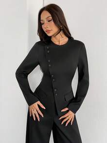 SHEIN PETITE 女士优雅通勤日常百搭街头时尚新款不对称翻领纽扣腰长袖西装外套搭配高腰长裤卡其灰色两件套套装，春夏皆宜，适合春夏季节穿着。 - 黑色 - 查看 10