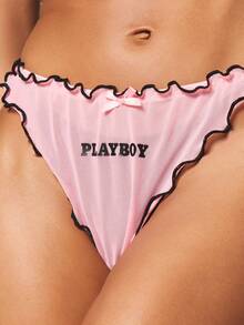 Missguided x Playboy Ruffle Trim Mesh Thong With Contrast Black Binding Detail And Small Bow Accent For Intimate Occasions - Pink - View 1