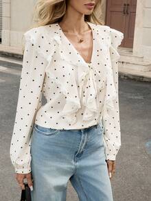 Pariaura 2025 New Arrival Shirt Collar Blouse, Long Sleeve With Ruffled Trim & Tie Accent, Contrast Ruffled Panel, Simple Casual Workwear Essential