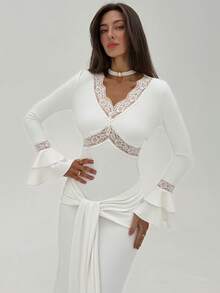 Aloruh Vestido de festa branco elegante, modelo sereia com decote em V profundo e mangas flare vazadas para mulheres. - Branco - Ver 11