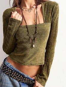 Bohemela 休闲针织长袖不对称领修身短款女式T恤 - 綠色 - 查看 4