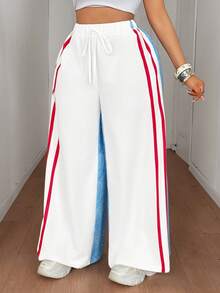 Maweii Pantaloni largi pentru femei, mărime plus, casual, pentru festivaluri de muzică, de zi cu zi, versatil, cu imprimeu în culori contrastante, material textil de înaltă calitate, culoare solidă, casual, pentru navetiști - Multicolor - Vizualizare 4