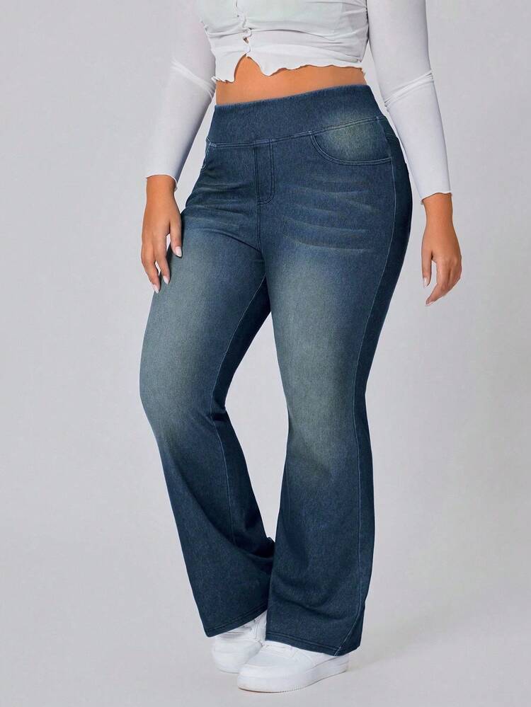 Flexra Pantalones de punto lavados versátiles y casuales para mujer de talla grande - Neblina azul - Añade 5