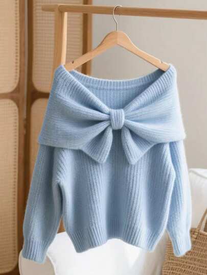 GlowEve Autumn/Winter New Pleated Soft Elegant Minimalist Elegant Oversized Bow Crew Neck Long Sleeve Chunky Knit Sweater For Women