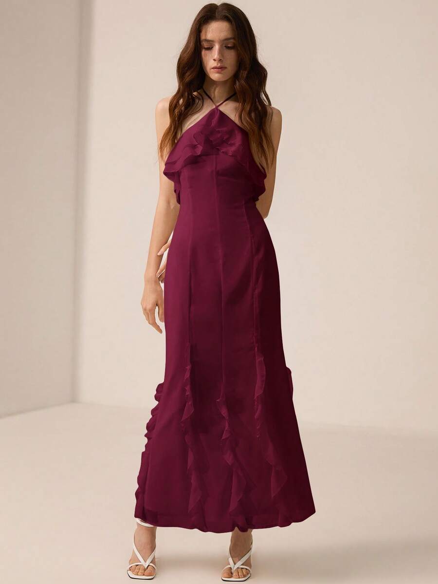 Revavyn White Chiffon Halter Neck Frill Trim Fitted Dress - Burgundy - View 1