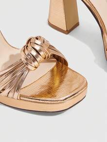 CUCCOO SZL 女士夏季新款时尚性感香槟色高跟鞋，编织带扭结方头粗跟凉鞋，正式礼服派对鞋 - 香檳色 - 查看 6