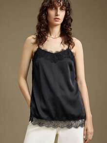 Ontre 2026春夏款百搭女士缎面绉纱面料舒适柔软蕾丝边吊带侧开衩性感吊带背心，适合都市通勤、商务休闲、办公室穿着、女士优雅装扮、冬季毛衣、节日派对服装、百搭外套 - 黑色 - 查看 5