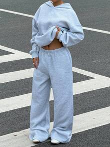 SHEIN EZwear 两件套女士休闲简约套装，女士秋冬连帽衫和运动裤套装，适合日常穿着 - 灰色 - 查看 5