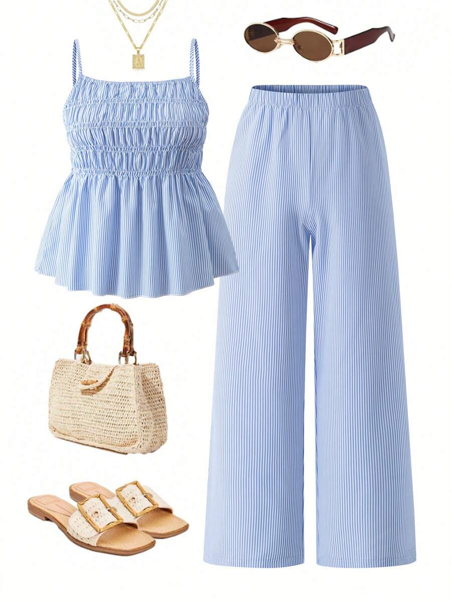 2pcs/Set Teen GirlCasual Camisole Top And Wide Leg Pants Set, Woven Fabric, Elastic Waist, Summer - Blue - View 1