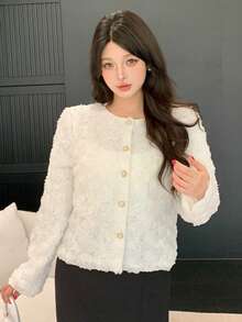 DAZY Women's Elegant Plain Textured Round Neck Blouse, Autumn/Winter - White - View 8