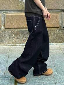 Manfinity EMRG 年轻男士街头服饰奢华时尚设计宽松阔腿七分裤，适合通勤 - 深色水洗藍 - 查看 2