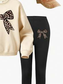 SHEIN 女童 2 件套，秋季返校豹紋蝴蝶結裝飾運動衫與黑色緊身褲套裝，可愛女童校服，舒適 - 彩色 - 查看 5
