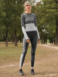In My Nature Set sport pentru yoga în aer liber pentru femei, model jacquard, cu mânecă lungă jacquard și orificiu pentru degetul mare, colanți strâmți cu talie înaltă și jacquard în culori contrastante, potrivit pentru alergare, activități în aer liber, yoga, ciclism - Alb-negru - Vizualizare 7