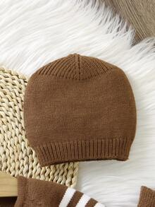 SHEIN 3pcs Newborn Baby Striped Sweater Set, Casual Pullover Sweater, Simple Leggings, And Hat - Coffee Brown - View 5