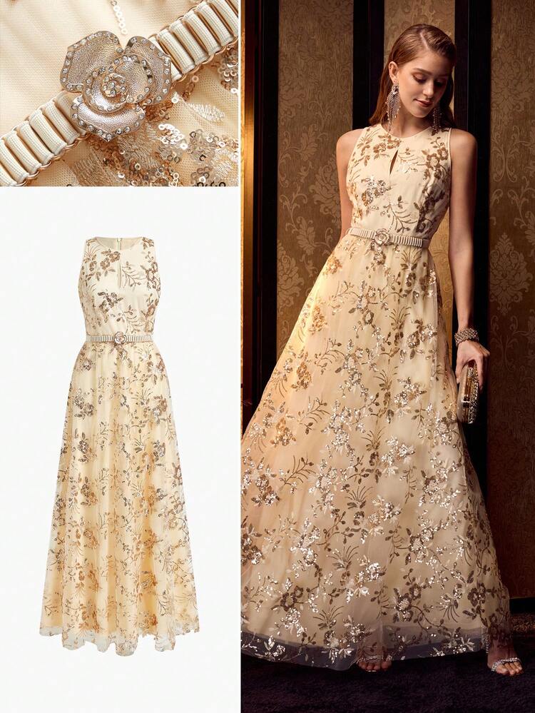 SEQUIN FLORAL EMBROIDERY CONTRAST MESH COCKTAIL DRESS