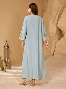 Layrah 女士新款宽松优雅奢华金属金色亮片拼接刺绣双层流苏丝带装饰领连衣裙 - 綠色 - 查看 2