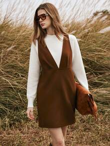 SHEIN Unity Women's Autumn/Winter Outerwear Bohemian Retro Fashion Short Brown Wool Blend Tank Dress - Brown - View 1
