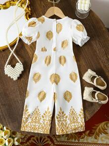 SHEIN Bộ đồ liền thân tay bồng họa tiết retro dệt màu trắng cho bé gái, Xuân/Hè - trắng - Xem 2