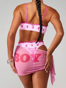 Missguided x Playboy Mesh Sarong Cover Up With Bunny Print And Side Tie Details Beach Pool Summer Vacation Swimwear Accessory - Pink - View 1