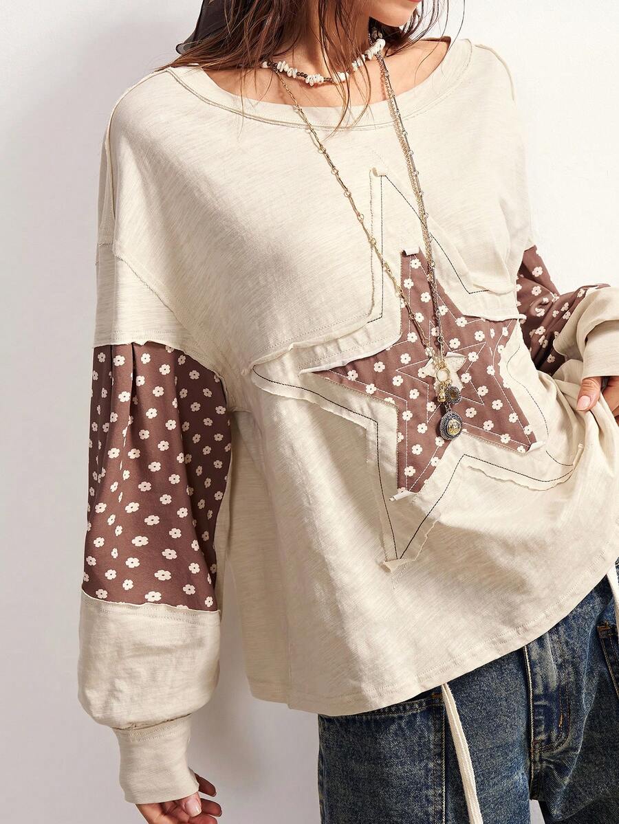 Bohemela 休闲针织星形拼接长袖宽松卫衣，适合新年、情人节、音乐节等场合穿着。 - 杏色 - 查看 1