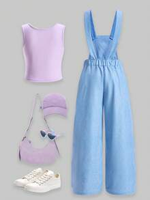 SHEIN ChillGRL 2pcs/Set Tween Girls Casual Basic Round Neck Tank Top Paired With Graphic Print Suspender Pants, Suitable For Daily, Commute, Leisure, Vacation, Hangout With Friends - Mauve Purple - View 2