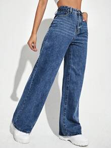 SHEIN ICON 休闲水洗高腰直筒牛仔裤 - 深色水洗藍 - 查看 3