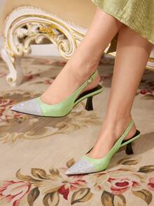 CUCCOO TILAWA Women's Contrast Color Rhinestone Decor Pointed Toe Elegant High Heel Sandals For Christmas - Green - View 1