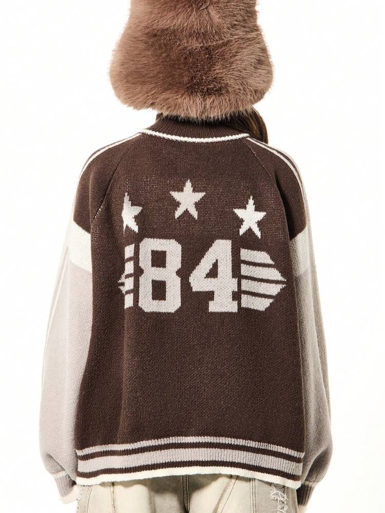 SUMWON Knitted Oversized Star Intarsia Zip Through Bomber Cardigan With Ribbed Cuffs And Waistband For Fall Winter