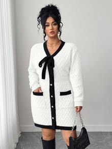 Elenzga Plus Size Women Colorblock Knitted Tie Front Elegant Sweater Dress, Autumn/Winter - White - View 5